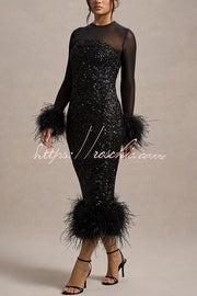 Sequin Feather Trim Midi Dress – Long Sleeve Party Dress