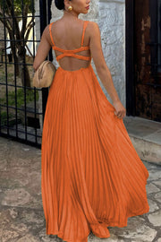 Sleeveless V-Neck Backless Pleated Maxi Dress