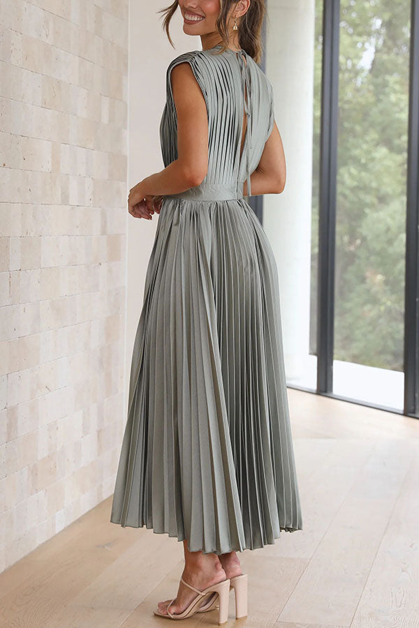 Satin Pleated Midi Dress – V-Neck Short Sleeve Party Dress