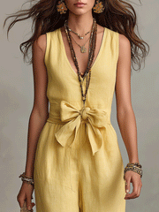 Flowy Boho Sleeveless Jumpsuit with Bow-Tie Waist