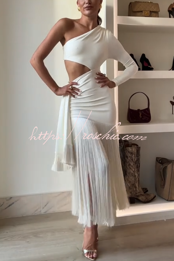 One Shoulder Cutout Maxi Dress with Tassel Trim