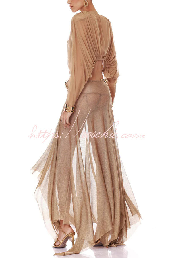 Metallic Knit Long Sleeve Crop Top and Maxi Skirt Set