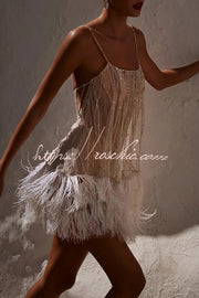 Sequin Feather Fringe Mesh Mini Dress – Party Sleeveless