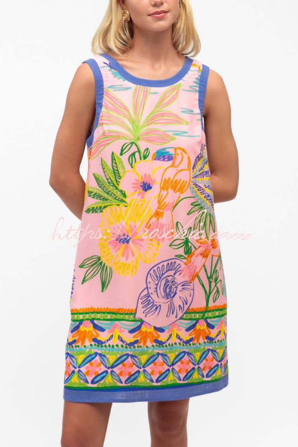 Printed Sleeveless Loose Mini Dress with Pockets