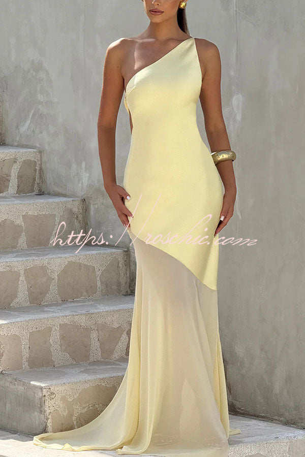 Satin One-Shoulder Maxi Dress with Chiffon Fishtail Hem