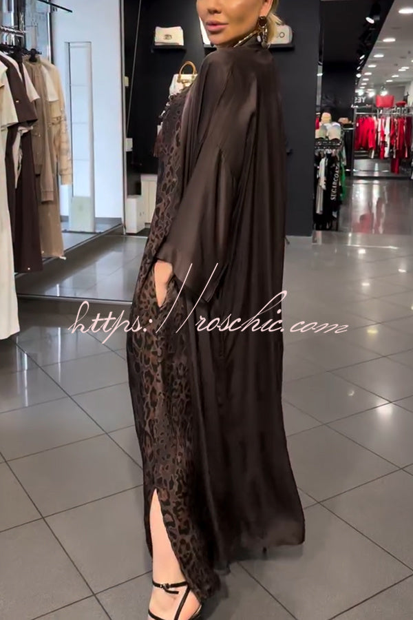 Satin Leopard Print Maxi Dress & Batwing Kimono Two-Piece Set