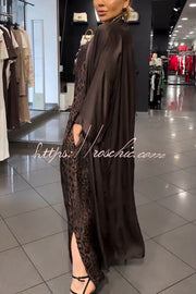 Satin Leopard Print Maxi Dress & Batwing Kimono Two-Piece Set