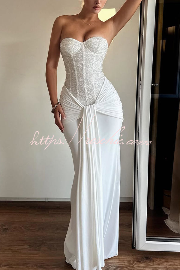 Sequined Satin Jersey Off-Shoulder Ruched Maxi Dress