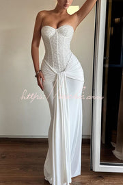Sequined Satin Jersey Off-Shoulder Ruched Maxi Dress