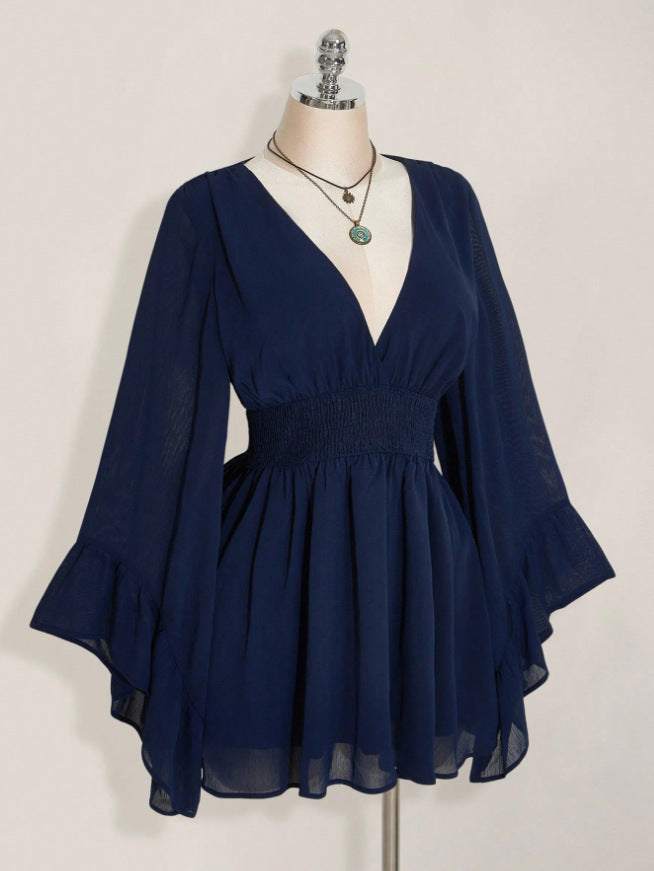 Gothic V-Neck Mini Dress - Long Sleeve Belted Fitted Dress