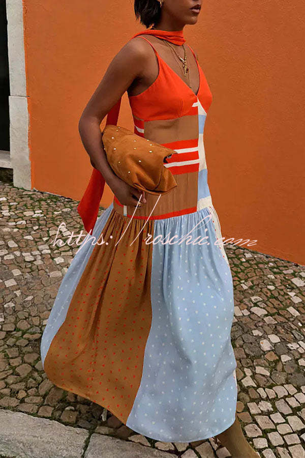 Color-Block Polka Dot Print Pleated Maxi Dress