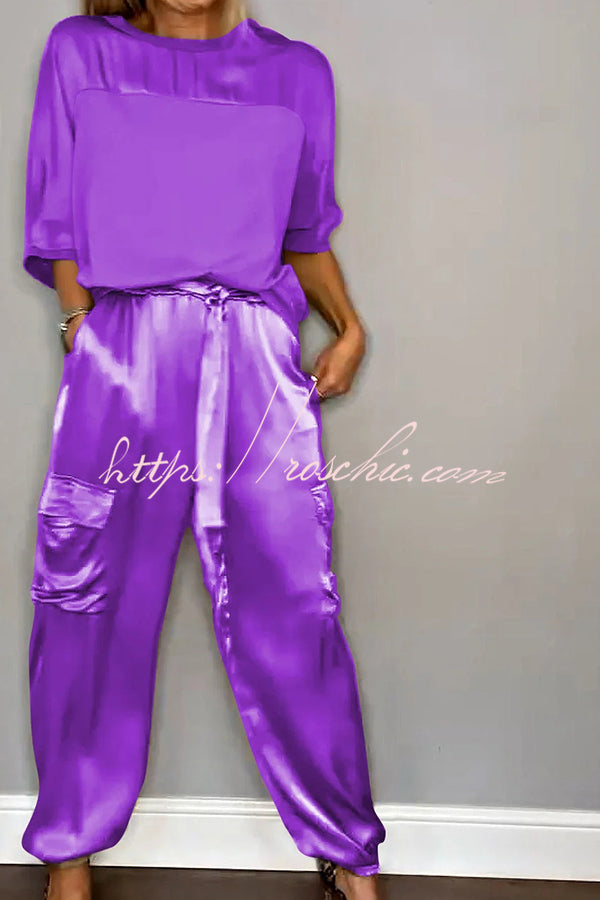 Satin Half-Sleeve Top & Elastic Waist Pants Set