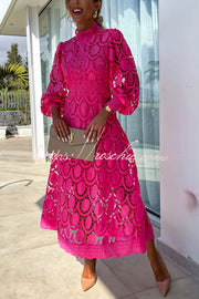 Crochet Lace Lantern Sleeve Midi Dress for Parties