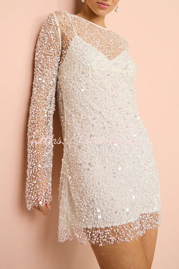 Sequin & Pearl Embellished Long Sleeve Mini Dress