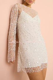 Sequin & Pearl Embellished Long Sleeve Mini Dress