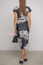 Contrast Print Dolman Sleeve Ruched Midi Dress