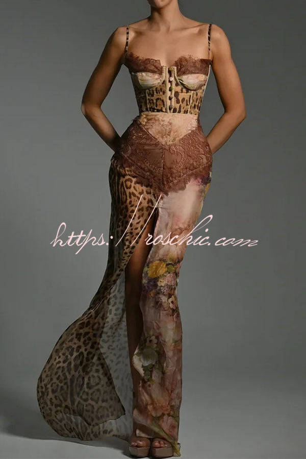 Chiffon Leopard Print Maxi Dress with High Slit