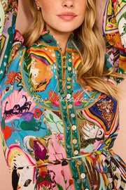 Printed Balloon Sleeve Button Mini Dress – Loose Fit