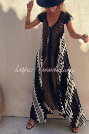 Ethnic Print V-Neck Maxi Dress – Loose Fit Vacation Style