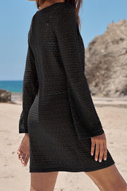 Knit Hollow V-Neck Long Sleeve Mini Cover Up Dress
