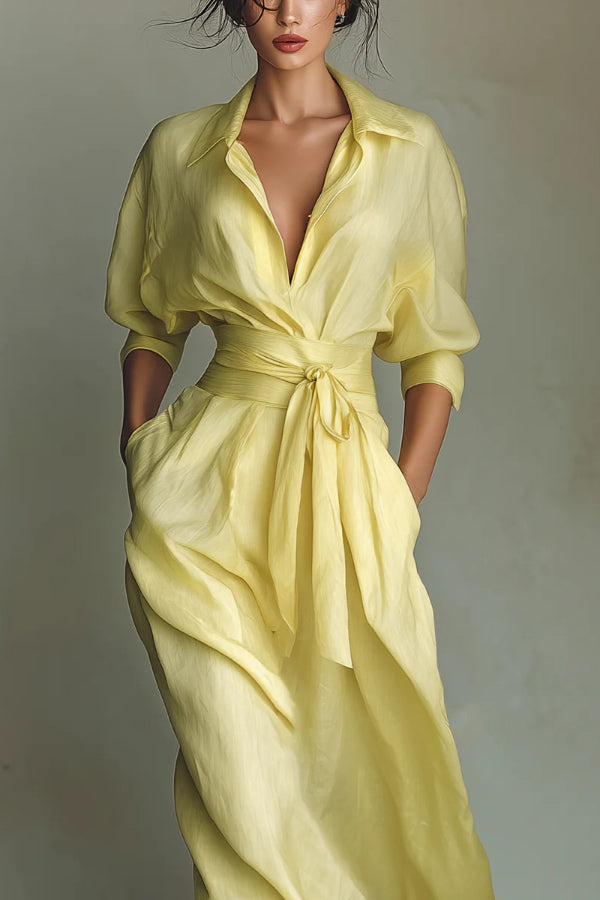 Solid Color Lapel Maxi Dress with Pockets | Long Sleeve