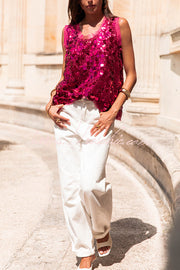 Sequin Sleeveless Vest Top | Loose Fit Round Neck