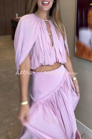 Cutout Neck Crop Top & High-Rise Pleated Maxi Skirt Set