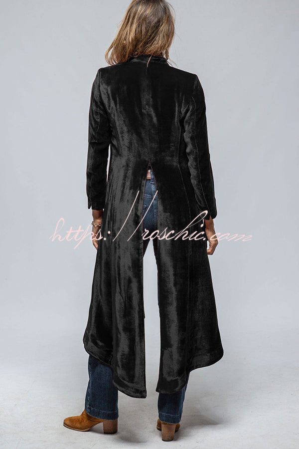 Women's Velvet Long Coat with Pockets and Slit Hem
