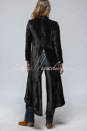 Women's Velvet Long Coat with Pockets and Slit Hem
