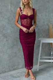 Sweetheart Neck Mesh Ruched Maxi Dress – Sleeveless Party Wear