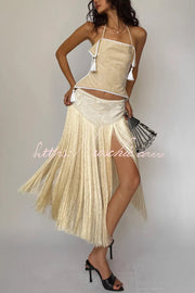 Halter Neck Lace-Up Backless Crop Top with Tassel Detail