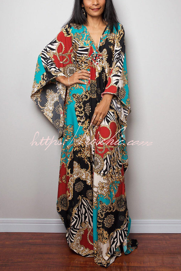 Printed Batwing Sleeve Loose Maxi Dress for Vacation