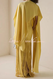 Fringed Hem Maxi Gown with Detachable Shawl Detail