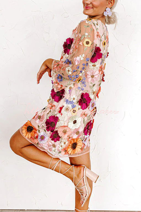 Floral Applique Embroidered Mini Dress with 3/4 Sleeves