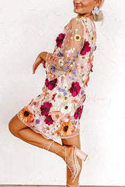Floral Applique Embroidered Mini Dress with 3/4 Sleeves
