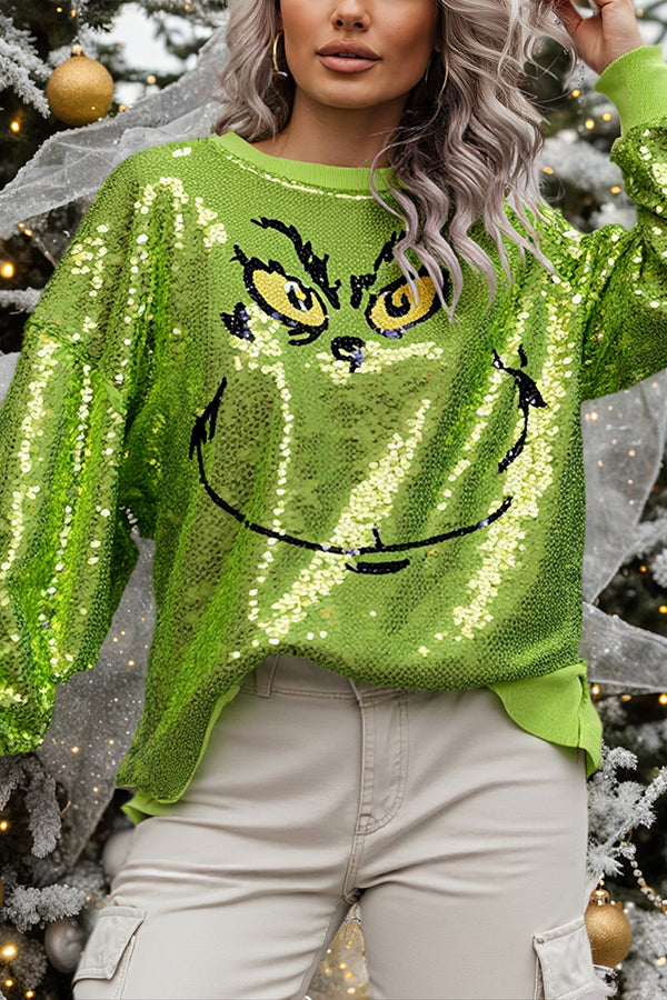 Grinch Sequin Long Sleeve Sweatshirt – Loose Fit