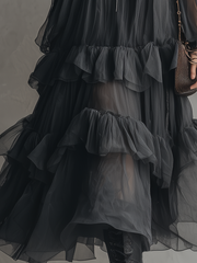 Sheer Layered Ruffle Midi Dress with Tiered Overlay