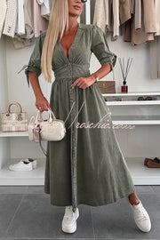 Denim Midi Dress V-Neck Button-Down Half Sleeve Loose Fit