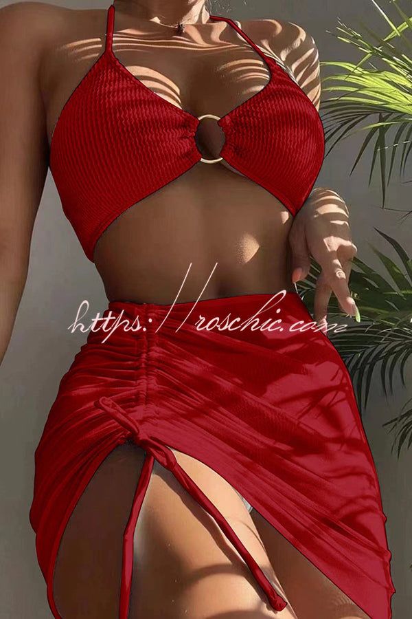 Spaghetti Strap Pleated Three-Piece Swimsuit Set