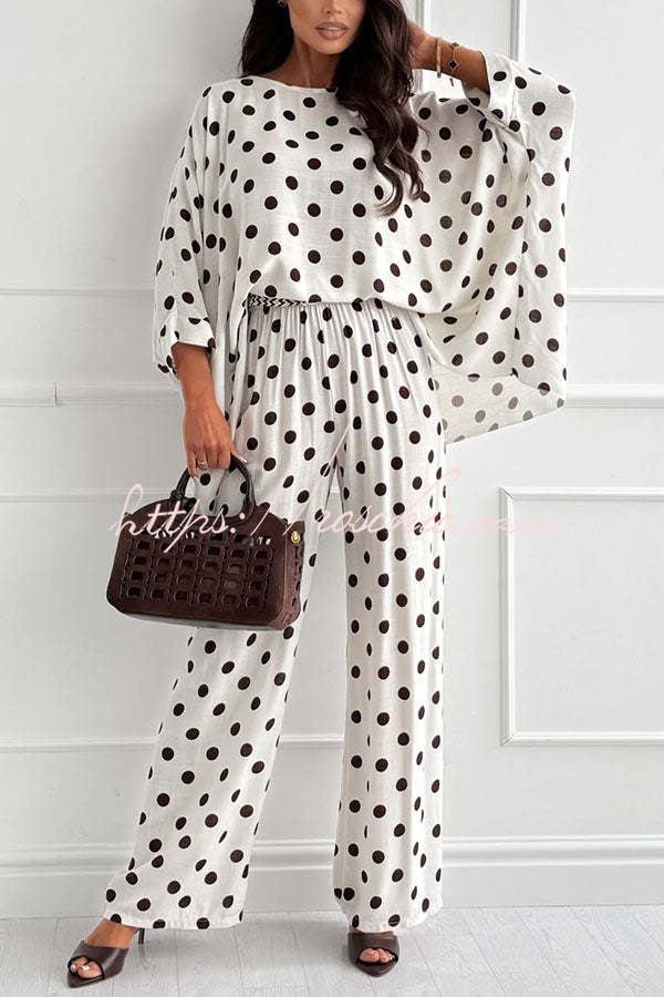 Linen Blend Polka Dot Batwing Top & Pants Set