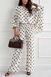 Linen Blend Polka Dot Batwing Top & Pants Set