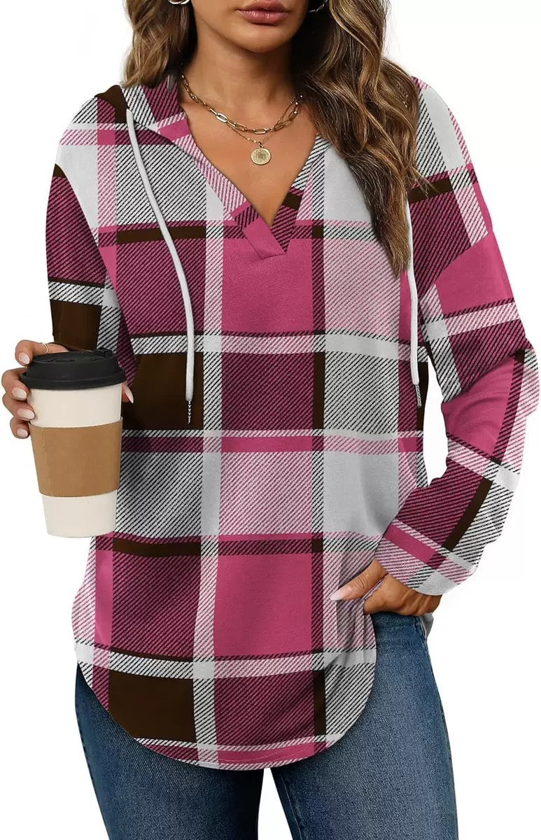Women's Plaid Hoodie Tunic – Oversized Pullover Sweatshirt