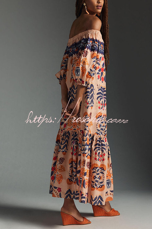 Printed Off-Shoulder Midi Dress with Pockets – Flowy Fit