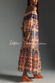 Printed Off-Shoulder Midi Dress with Pockets – Flowy Fit