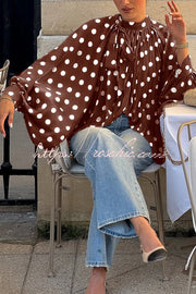 Polka Dot Lantern Sleeve Tie-Waist Loose Shirt