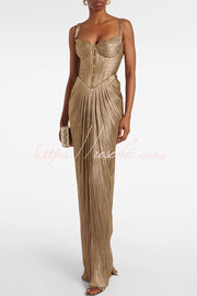 Metallic Pleated Maxi Dress with Sweetheart Bodice & Lace-Up Back