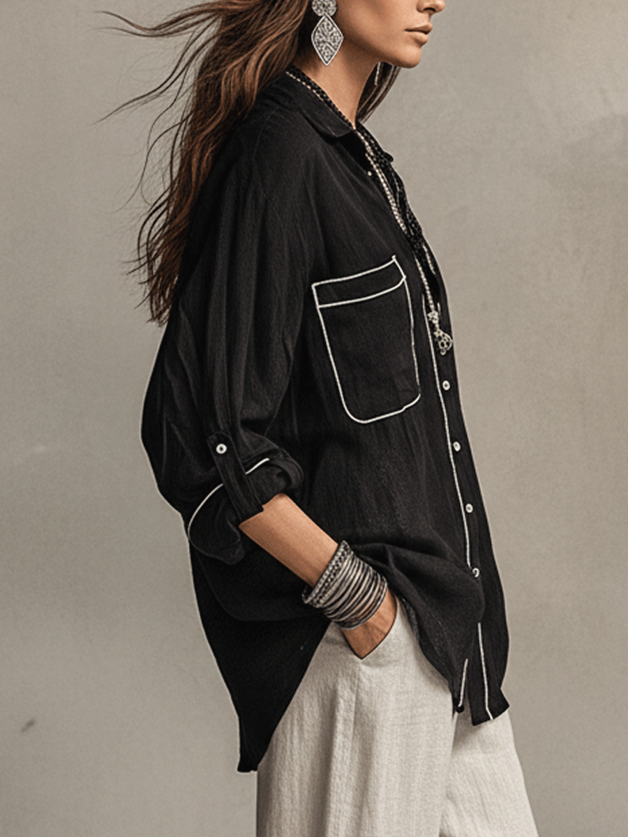 Black Linen Long Sleeve Blouse – Relaxed Bohemian Top