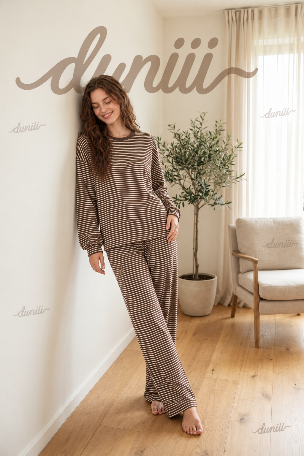 Duniii Striped Cotton Long Sleeve Lounge Set