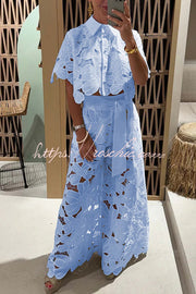 Floral Lace Cropped Shirt & Wide Leg Pants Set with Belt
