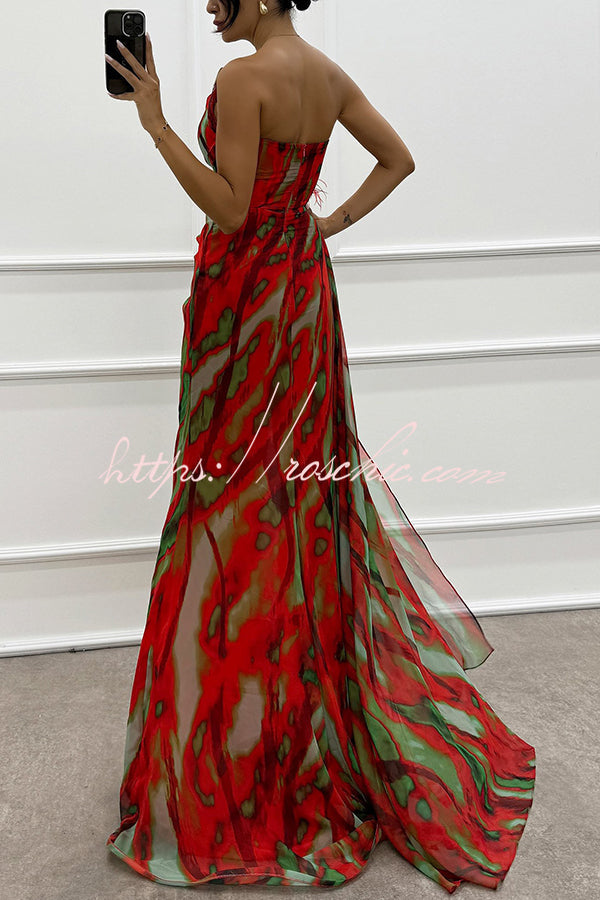Watercolor Feather Print Off-Shoulder Chiffon Maxi Dress